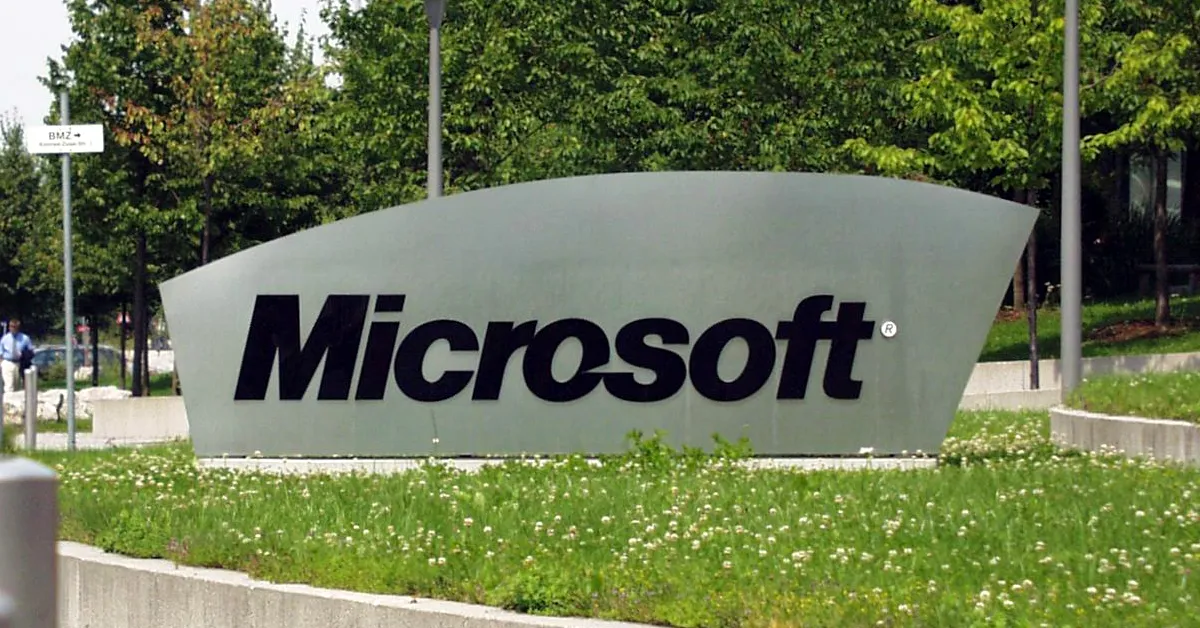 The Microsoft logo on a building at its German campus. (Photo by Johannes Hemmerlein)