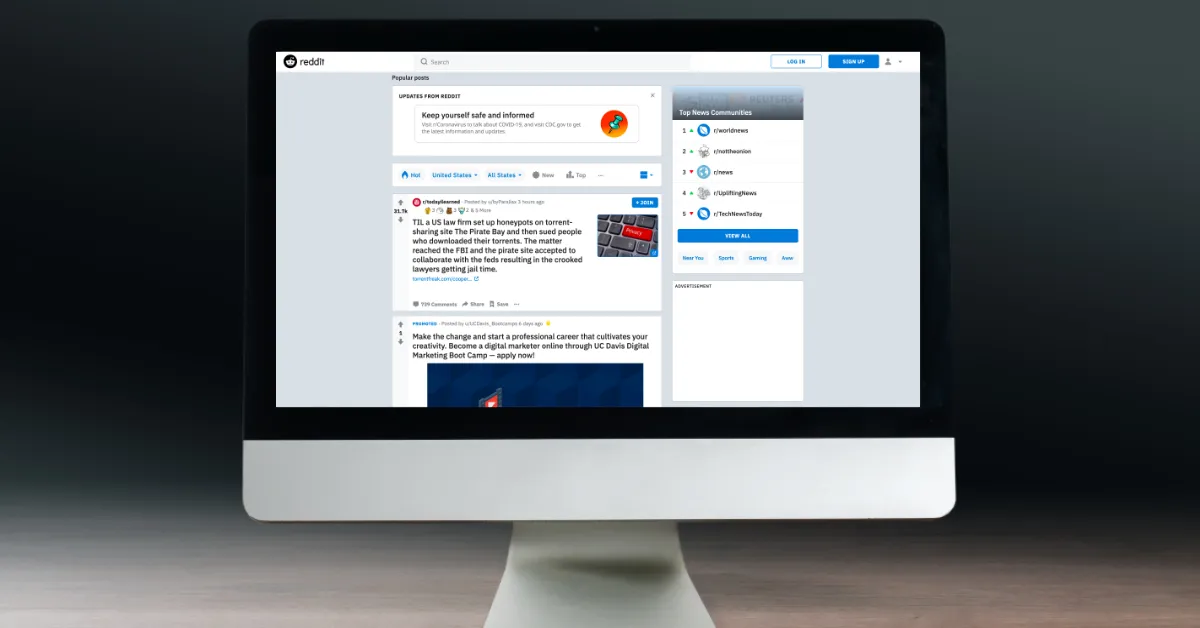 The website Reddit on a computer.
