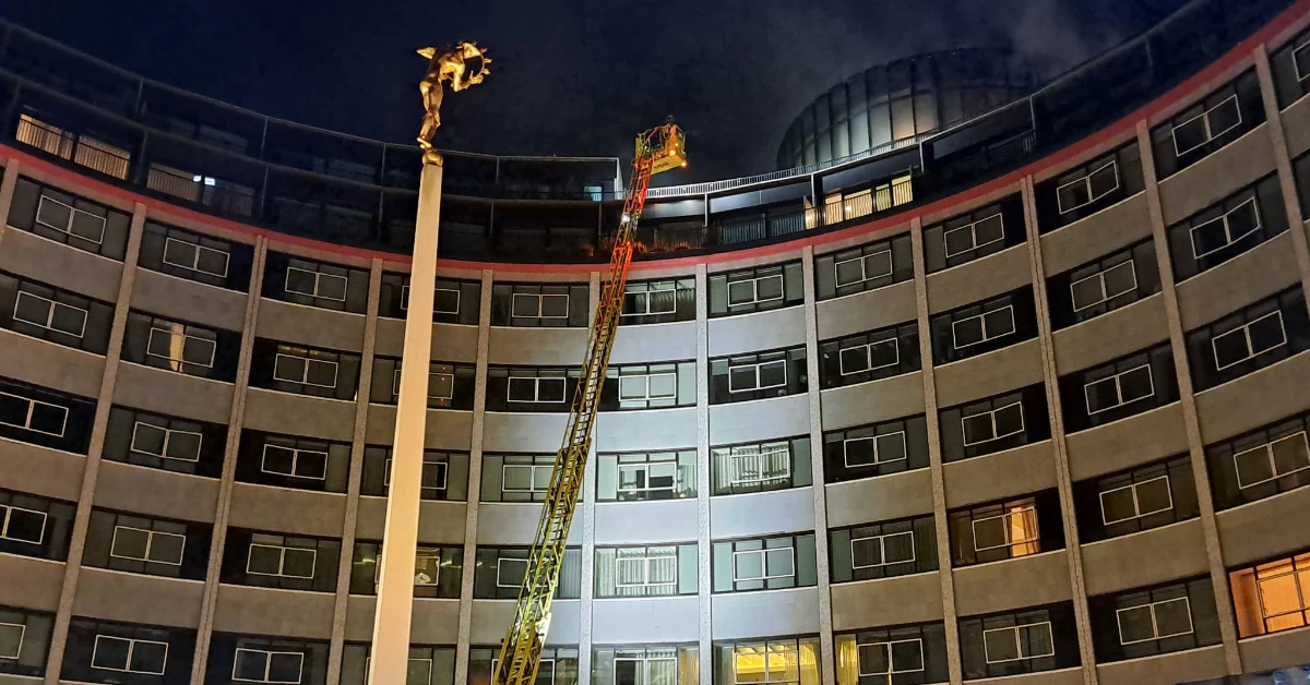 Firefighters tackle a blaze at the former headquarters of the BBC in London. (Photo courtesy London Fire Brigade)