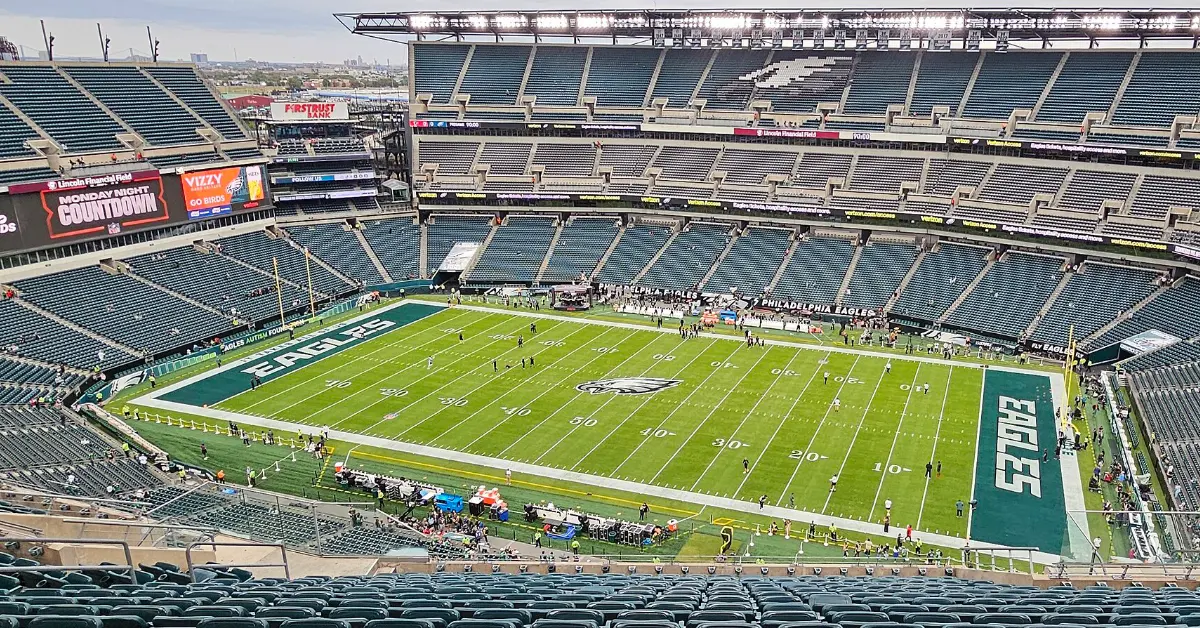 Lincoln Financial Field, as viewed from the southwestern stands, prior to the Monday Night Football game between the Philadelphia Eagles and the Atlanta Falcons, September 16, 2024. (Photo via Wikimedia Commons, Graphic by The Desk)