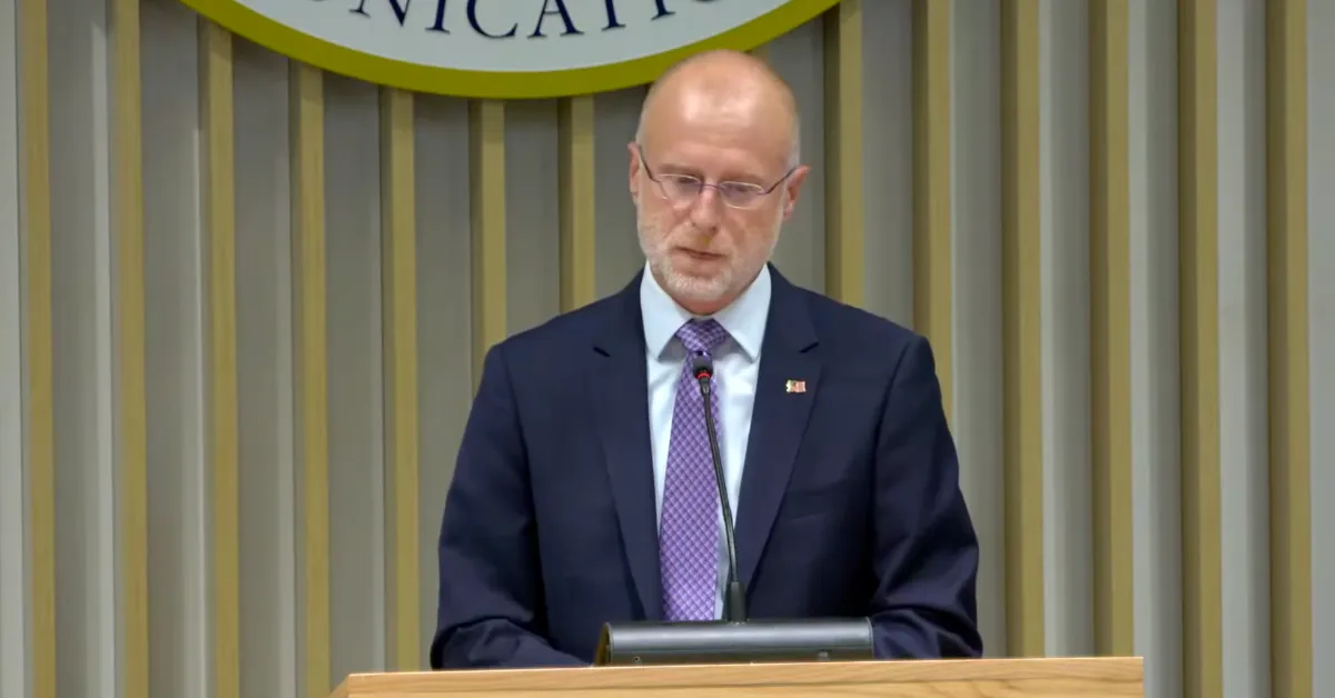 FCC Chairman Brendan Carr speaks during a press conference following the agency's open meeting in September 2025. (Graphic by The Desk)