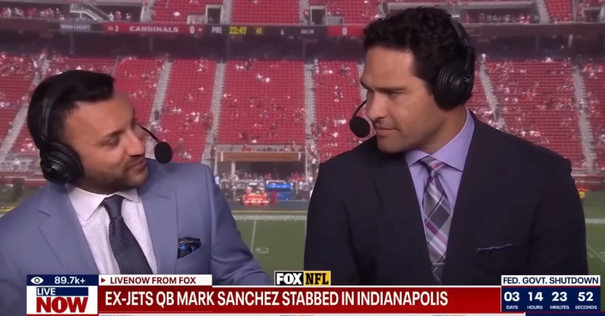 Mark Sanchez (right) calls a National Football League game on Fox Sports. (Still frame via LiveNow from Fox broadcast)