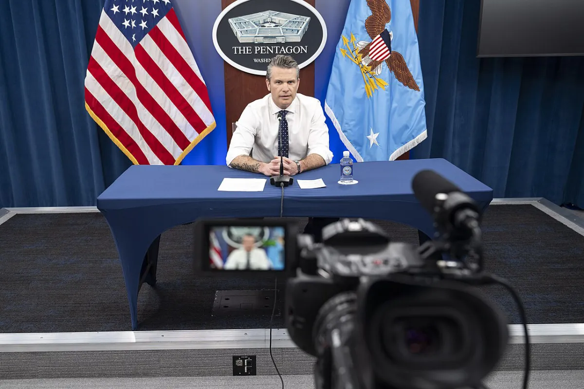 Secretary of Defense Pete Hegseth hosts a teleconference with NFL players Aaron Jones and Elijah Higgins during their visit to the 386th Air Expeditionary Wing in Kuwait from the Pentagon, Washington, D.C., April 2, 2025. (DoD photo by U.S. Navy Petty Officer 1st Class Alexander Kubitza)