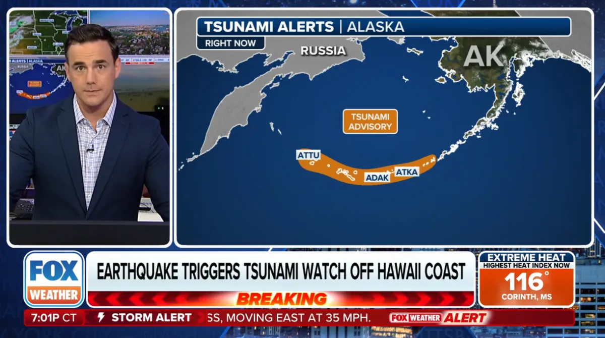 STORY ONLY Fox Weather Tsunami Coverage 2025 WEBP TD Fox Weather meteorologist Steve Bender covers an earthquake and tsunami in July 2025. (Still frame via TV broadcast, Courtesy image)