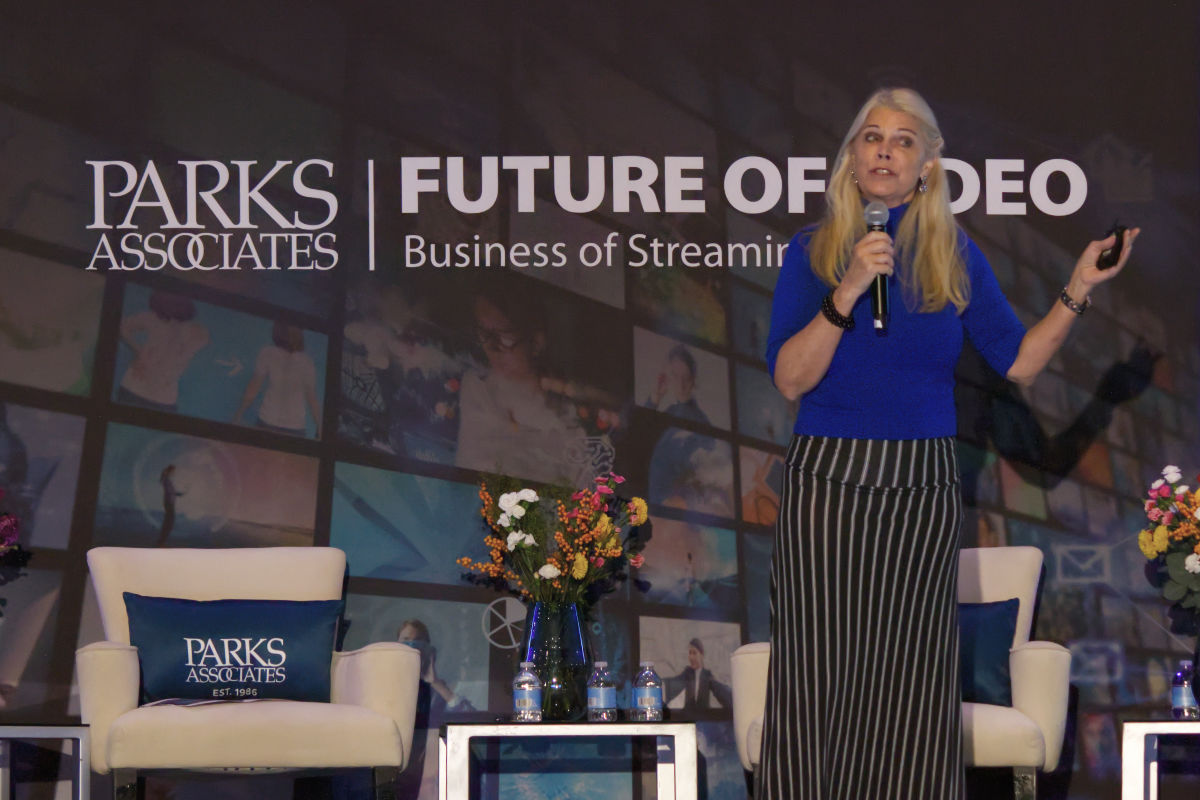 Laura Martin of Needham & Company delivers a keynote presentation during Parks Associates' Future of Video conference on November 19, 2025. (Photo by Matthew Keys for The Desk)