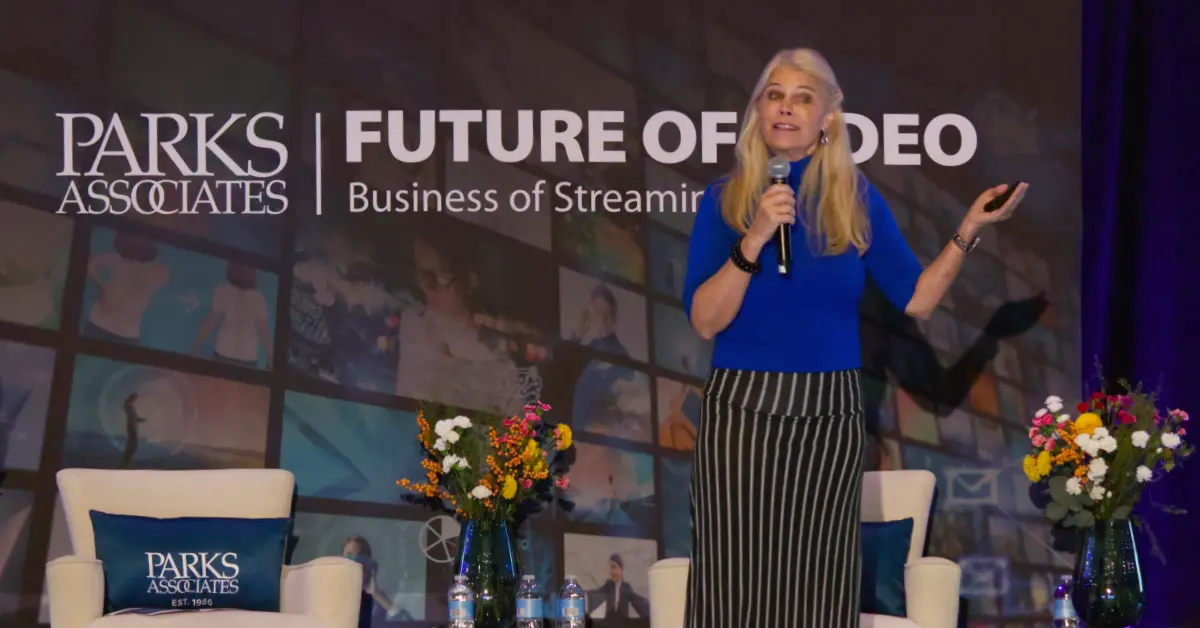 Laura Martin of Needham & Company delivers a keynote presentation during Parks Associates' Future of Video conference on November 19, 2025. (Photo by Matthew Keys for The Desk)