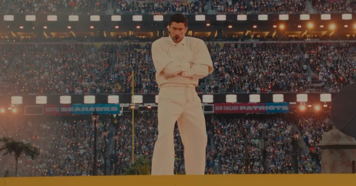 Puerto Rican musician Bad Bunny performs at Super Bowl LX in February 2026. (Still frame courtesy National Football League / Apple Music)