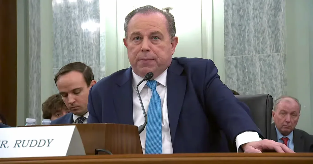 Christopher Ruddy, the founder and CEO of Newsmax, testifies before the Senate Commerce Committee on February 10, 2026. (Still frame via web video)