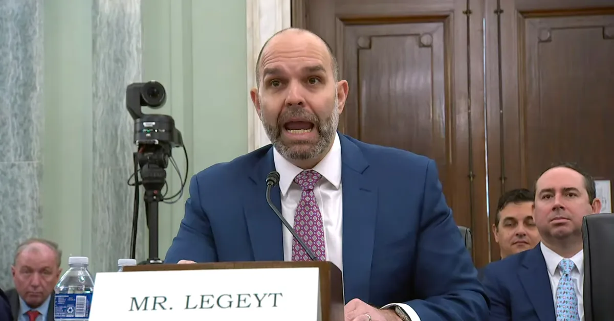 Curtis LeGeyt, the CEO of the National Association of Broadcasters, testifies at the Senate Commerce Committee on February 10, 2026. (Still frame via web video)