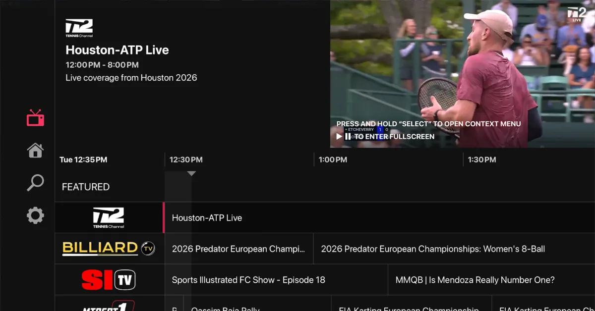 The Free Live Sports app on an Apple TV device. (Still image by The Desk)
