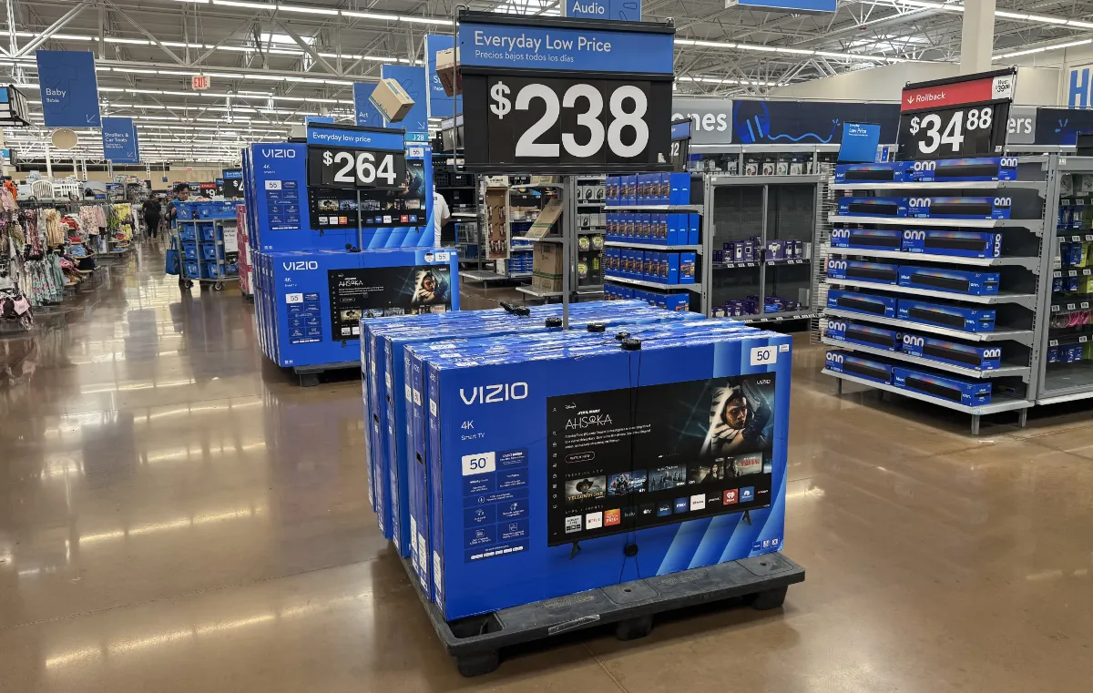 Several models of Vizio smart TVs at a Walmart Supercenter in West Sacramento, California. (Photo by Matthew Keys for The Desk)