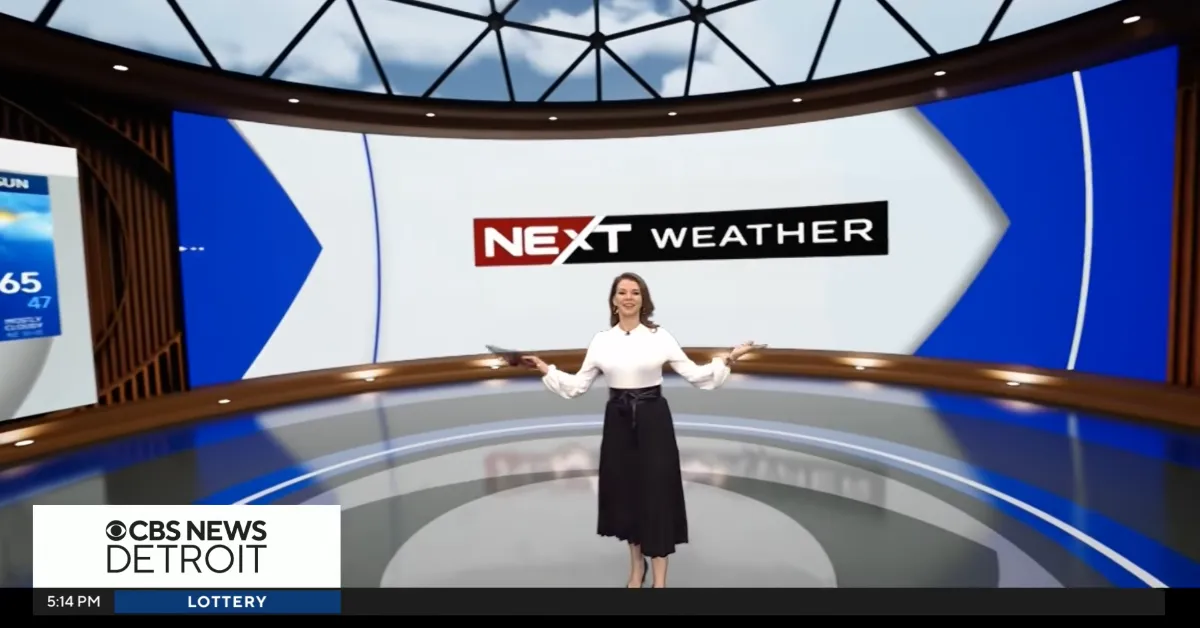 WWJ-TV, Paramount's CBS-owned station in Detroit, is the latest to debut an augmented-virtual reality studio. (Still image captured by The Desk)