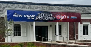 A promotional banner for Detroit Pistons games on the building that houses the television studios of WMYD and WXYZ. (Courtesy image)