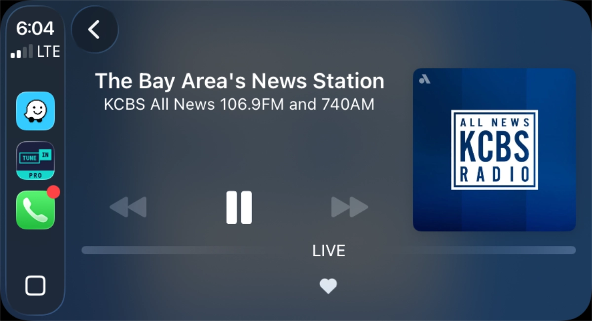 A car stereo playing KCBS-AM from the TuneIn app. (Graphic by The Desk)