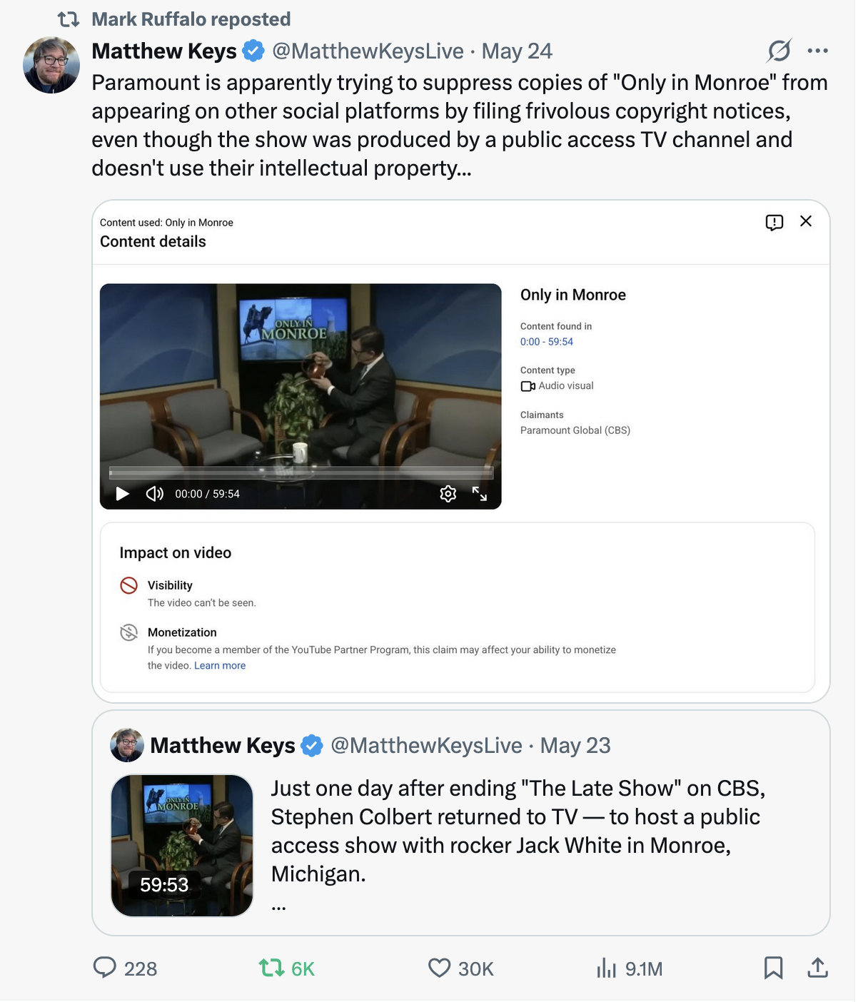 STORY ONLY Mark Ruffalo Screen Capture PNG TD Mark Ruffalo tweet on Colbert copyright notices.
