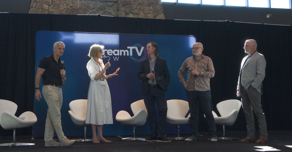 From left: Alan Wolk of TVREV, Cathy Rasenberger of Rasenberger Media & Free Live Sports, Dade Hayes of Deadline, Mike Bloxham of Magid and Jon Giegengack of Hub Entertainment Research at the 2026 StreamTV Show in Denver. (Photo by Matthew Keys for The Desk)