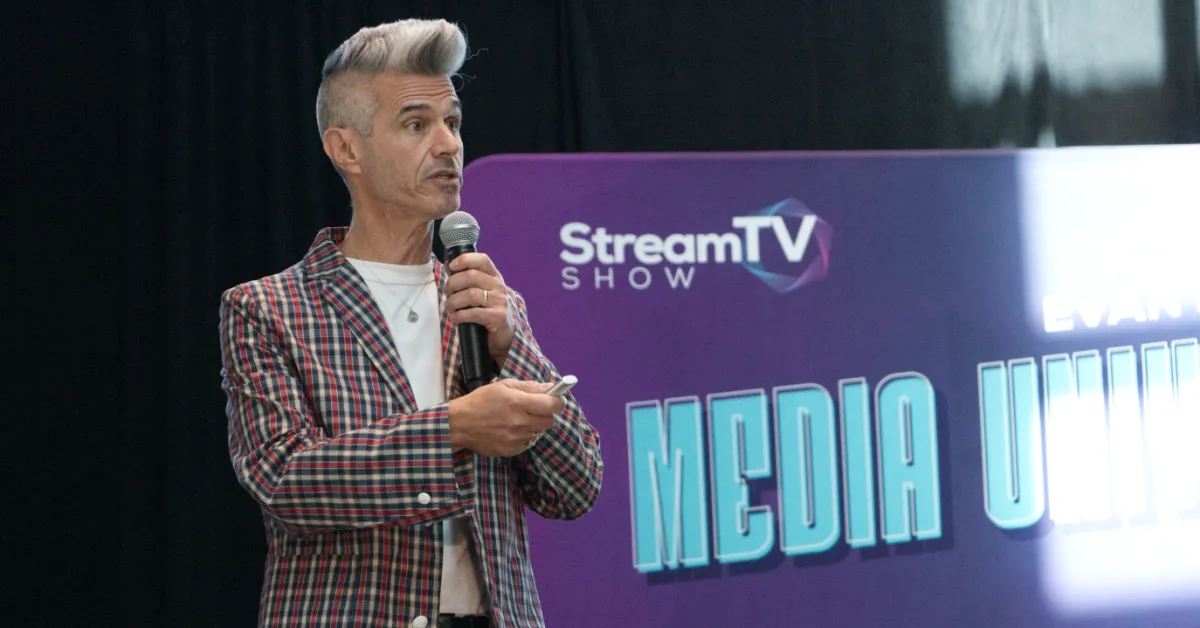 Evan Shapiro delivers a keynote at the Media Universe Summit during the StreamTV Show. (Photo by Matthew Keys for The Desk)