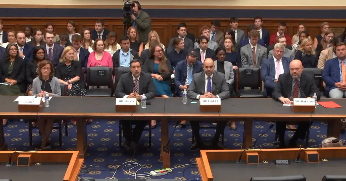From left: FCC Commissioner Anna Gomez, OutKick founder Clay Travis, NAB CEO Curtis LeGeyt and restaurant owner Jim Hallers testify before the House Judiciary Committee on the Sports Broadcasting Act. (Still frame via broadband video)