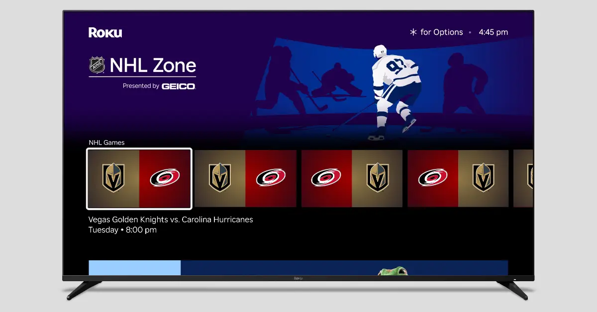 The Roku NHL Zone provides information about live hockey games playing across supported services like YouTube TV and DIRECTV. (Courtesy image)