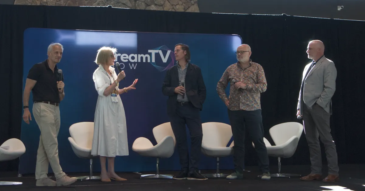From left: Alan Wolk of TVREV, Cathy Rasenberger of Rasenberger Media & Free Live Sports, Dade Hayes of Deadline, Mike Bloxham of Magid and Jon Giegengack of Hub Entertainment Research at the 2026 StreamTV Show in Denver. (Photo by Matthew Keys for The Desk)