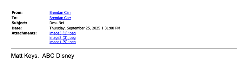 FCC Chairman Brendan Carr e-mailed himself screen captures of a text conversation with a reporter. (Screen capture by The Desk)