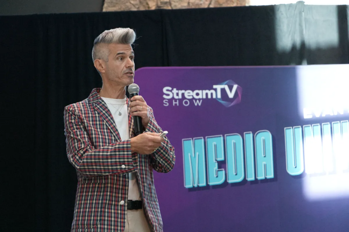 STORY ONLY Evan Shapiro Media Summit WEBP TD Evan Shapiro delivers a keynote at the Media Universe Summit during the StreamTV Show. (Photo by Matthew Keys for The Desk)
