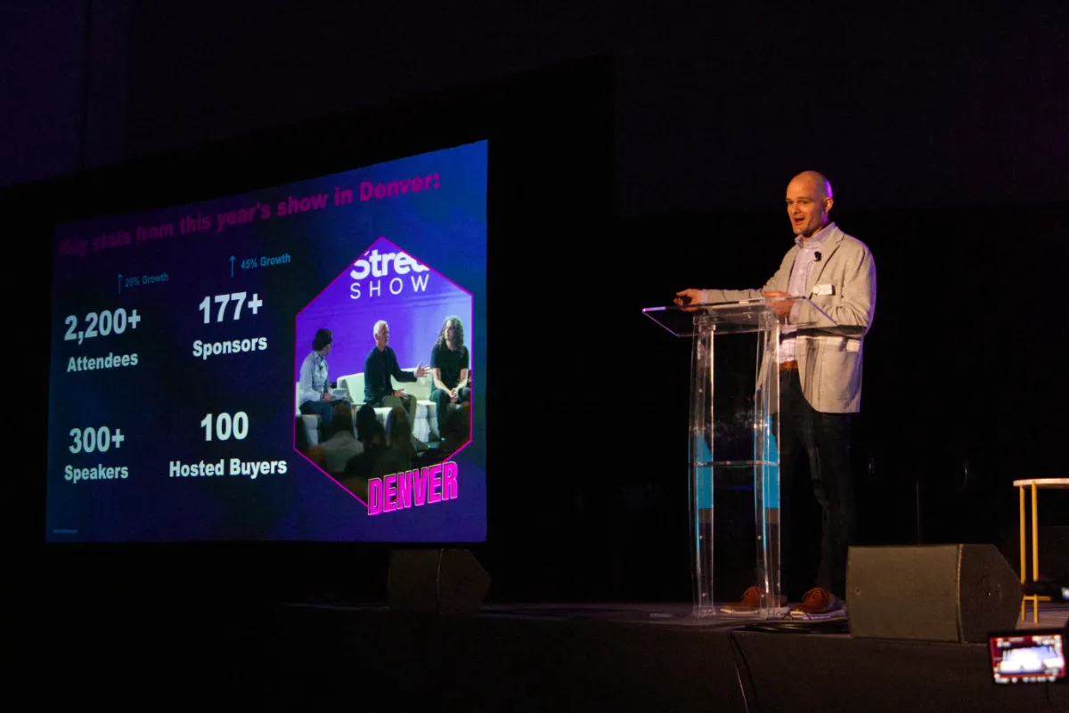 STORY ONLY Kevin Gray StreamTV Show 2026 Opening WEBP TD Questex Vice President Kevin Gray opens the 2026 StreamTV Show in Denver. (Photo by Matthew Keys for The Desk)