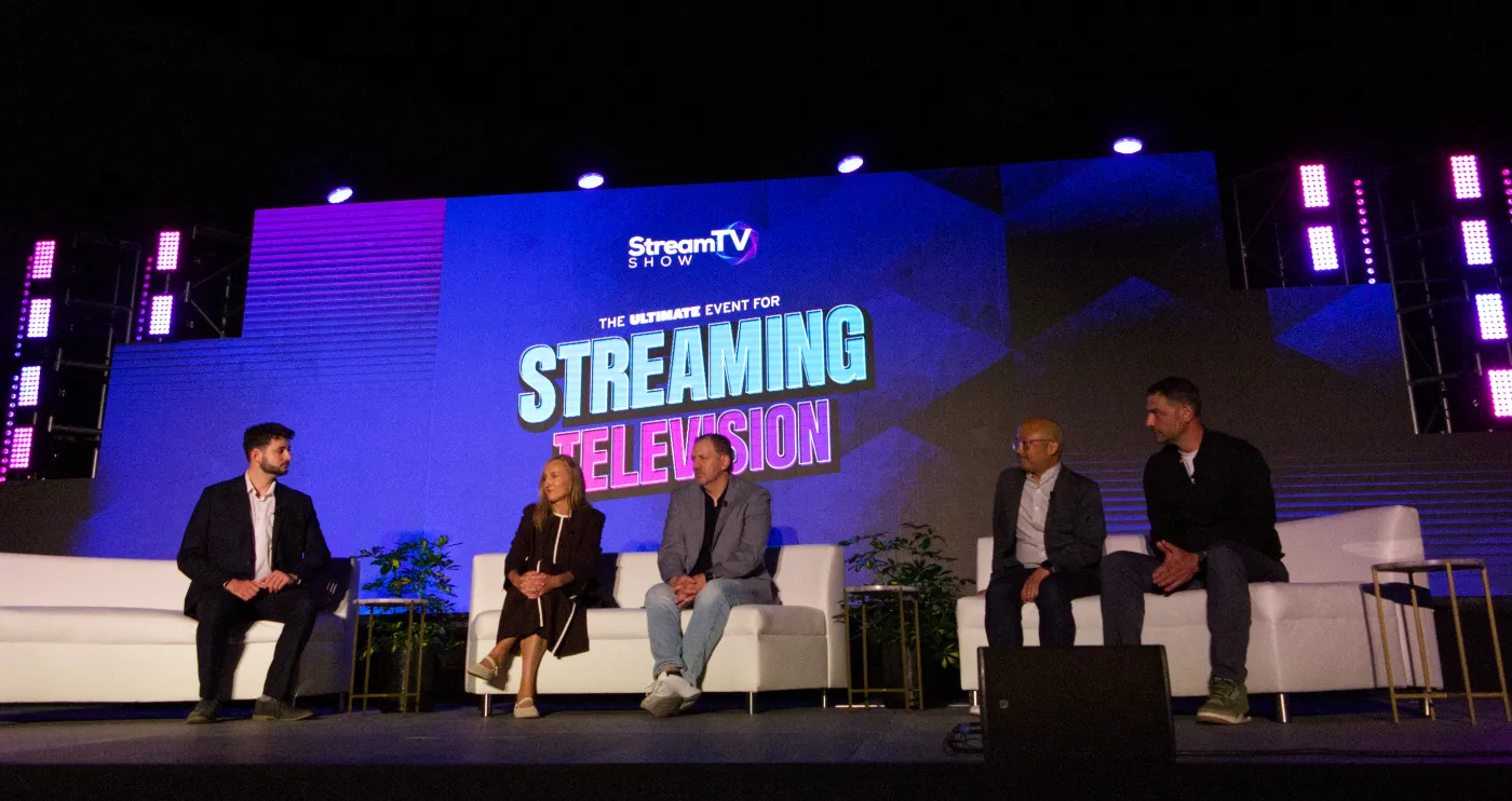 From left: Business Insider journalist James Faris, Briana Larsen of TiVo, Matt Durgin of LG Electronics, Hong Kwon of Comcast and Rob Caruso of The Trade Desk discuss connected TV platforms at the StreamTV Show in Denver. (Photo by Matthew Keys for The Desk)