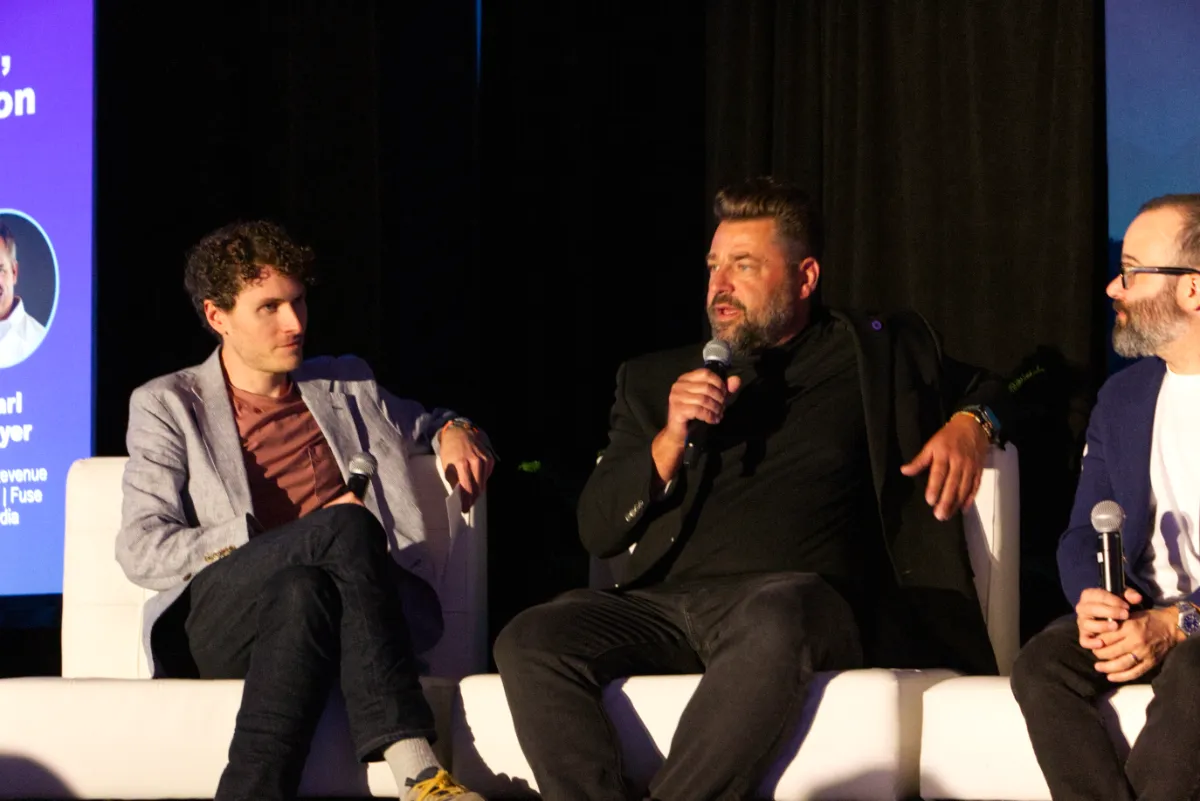 STORY ONLY StreamTV Show FAST Advertising WEBP TD From left: NCS Editor-in-chief Dak Dillon and 24i CEO Sebastian Braun participate in a panel discussion at StreamTV Show in Denver. (Photo by Matthew Keys for The Desk)