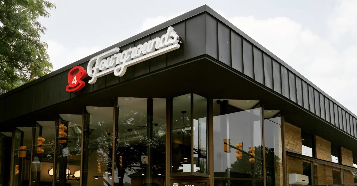 Fourgrounds is a coffee shop owned by Graham Media Group that also serves as a TV studio for its local station WDIV. (Courtesy image, Graphic by The Desk)