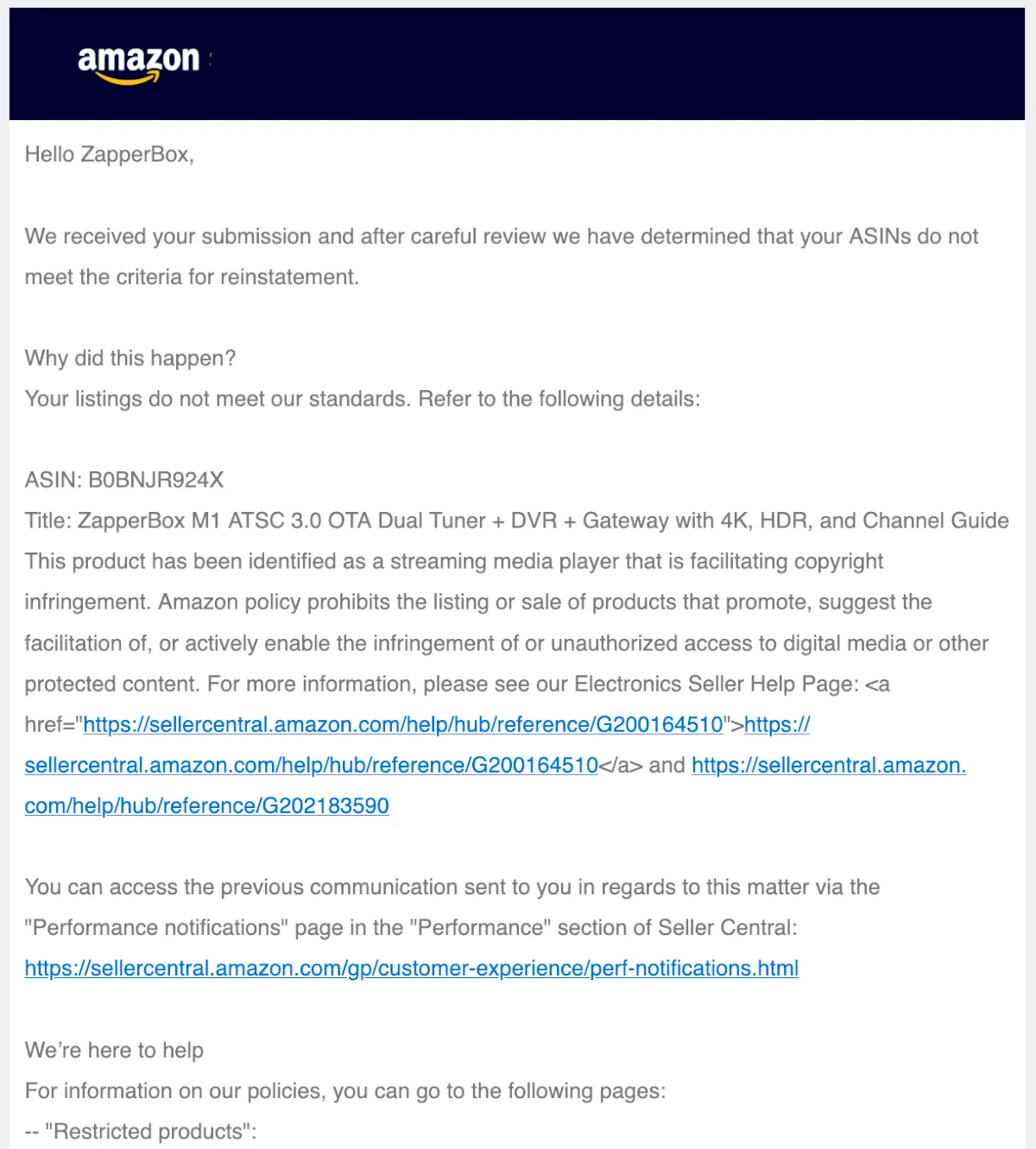 STORY Amazon ZapperBox Notice WEBP TD Amazon has sent multiple messages to BitRouter claiming its ZapperBox device facilitates copyright infringement. (Obtained by The Desk)