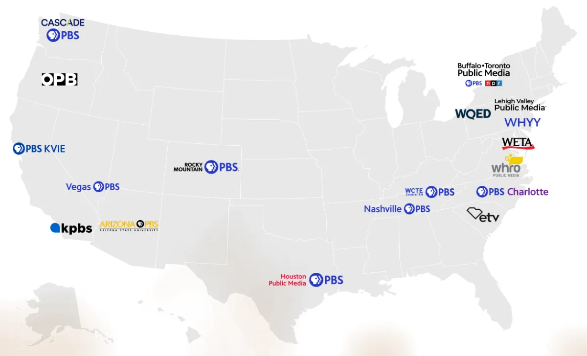 STORY ONLY Local Public Map WEBP TD Cascade PBS has spun Local Public into its own company, forging partnerships with 18 public media stations across the country. (Map courtesy Local Public, Graphic edited by The Desk)