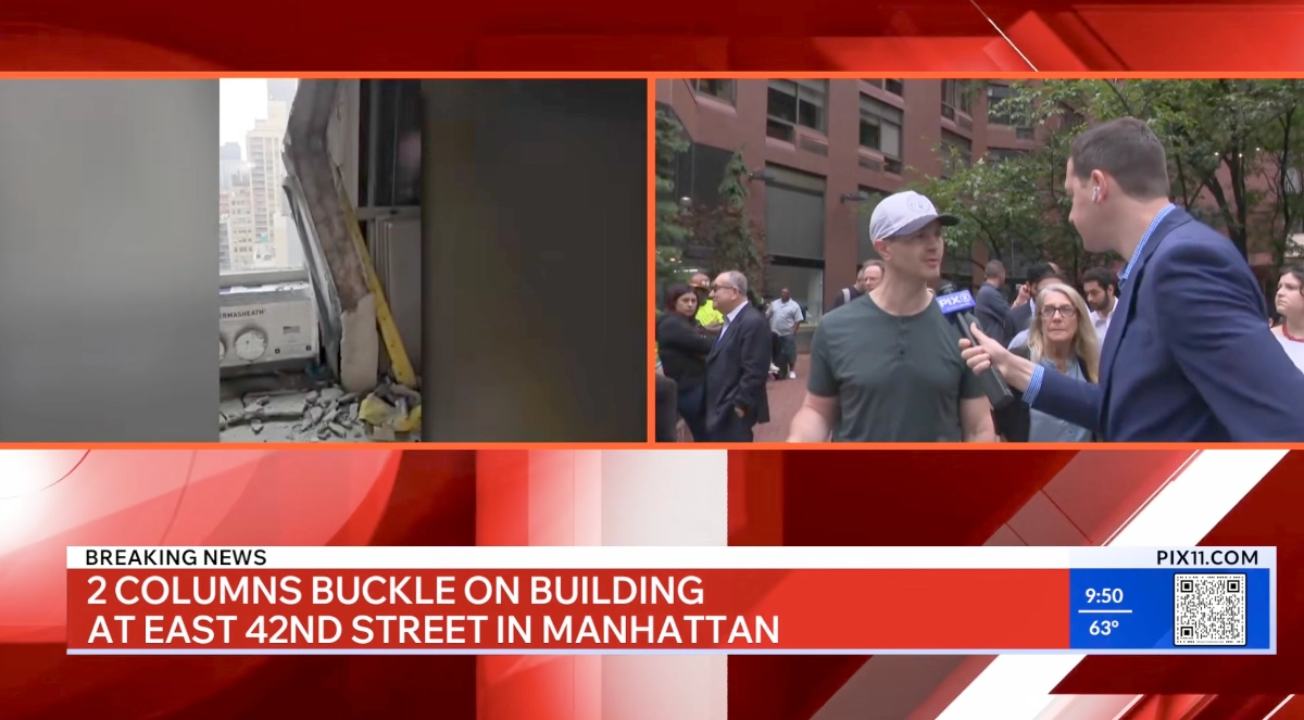 A WPIX-TV newscast covers the developing story of a buckling high-rise in Manhattan, New York City. (Still frame via TV broadcast)