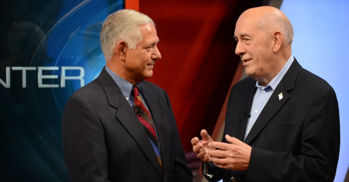 BLANK Bill Rasmussen ESPN MANDATORY COURTESY WEBP TD From left: George Grande and Bill Rasmussen converse during a promotional shoot for the 50,000th episode of ESPN's "SportsCenter." (Photo by Rich Arden / ESPN Images / Handout)