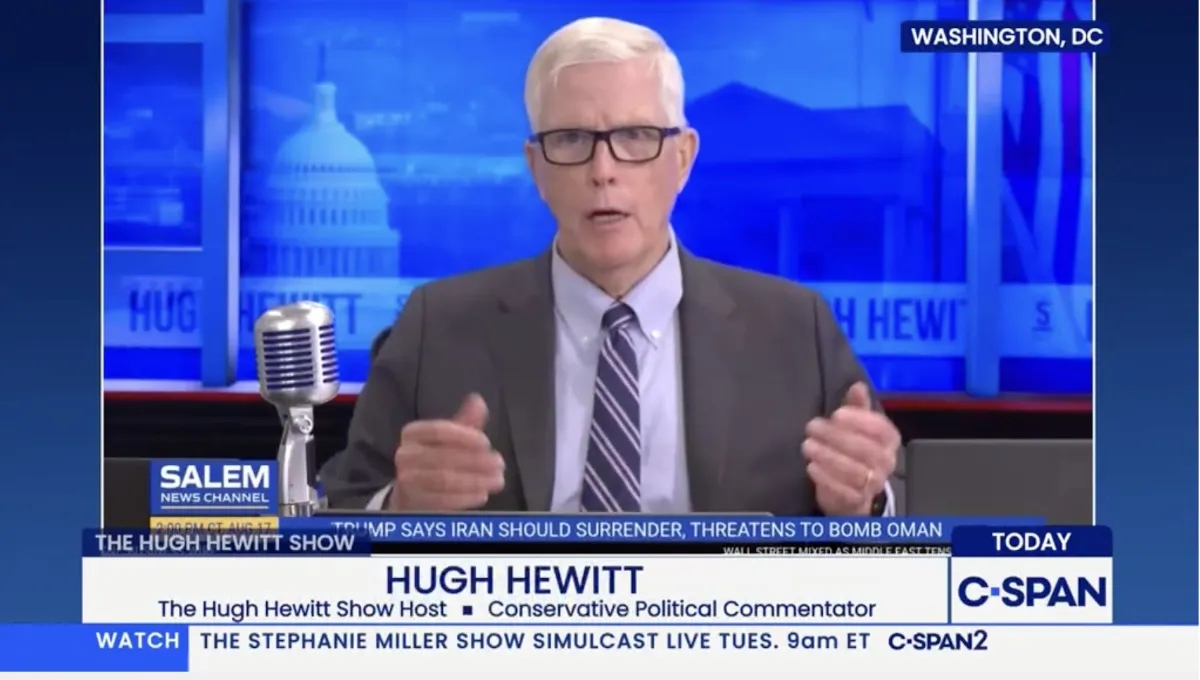 STORY ONLY Hugh Hewitt C-SPAN WEBP TD Salem Media's Hugh Hewitt appears on C-SPAN 2 during a simulcast of his radio program in August 2026. (Still frame captured by The Desk, courtesy C-SPAN 2 broadcast)