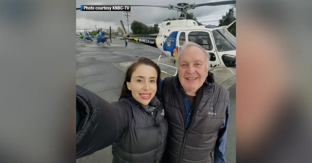 From left: Journalist Eliana Moreno and helicopter pilot George Marciniw. (Photo courtesy KNBC-TV Los Angeles, Graphic by The Desk)