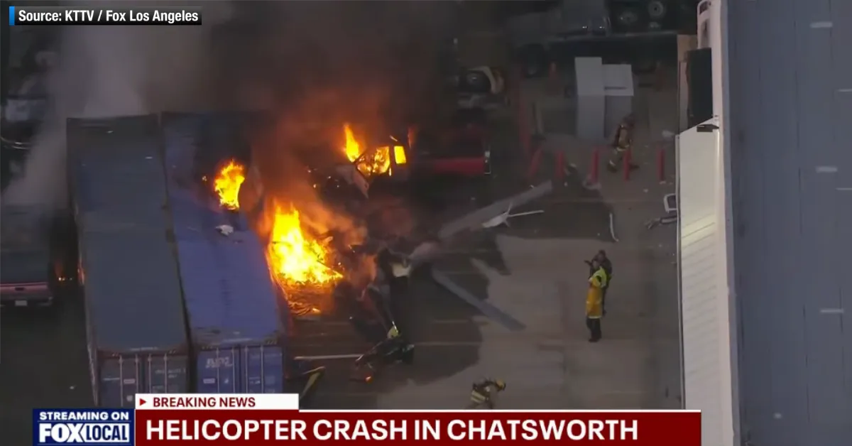 The aftermath of a crash involving KNBC-TV's helicopter in Los Angeles on Tuesday, September 15, 2026. (Still frame via web broadcast, courtesy KTTV / Fox Los Angeles)