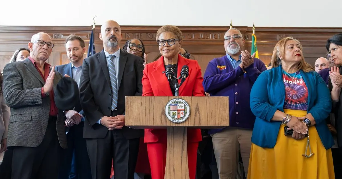 BLANK Mayor Karen Bass WEBP WM TD Los Angeles Mayor Karen Bass speaks at a press conference with members of the Los Angeles Unified School District in 2026. (Public domain image)