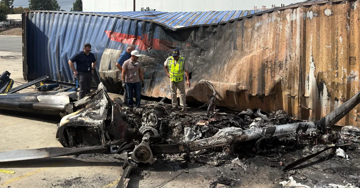 Investigators with the National Transportation Safety Board examine the wreckage of a helicopter used by KNBC-TV in Los Angeles on Wednesday, September 16, 2026. (Photo by NTSB/Handout)