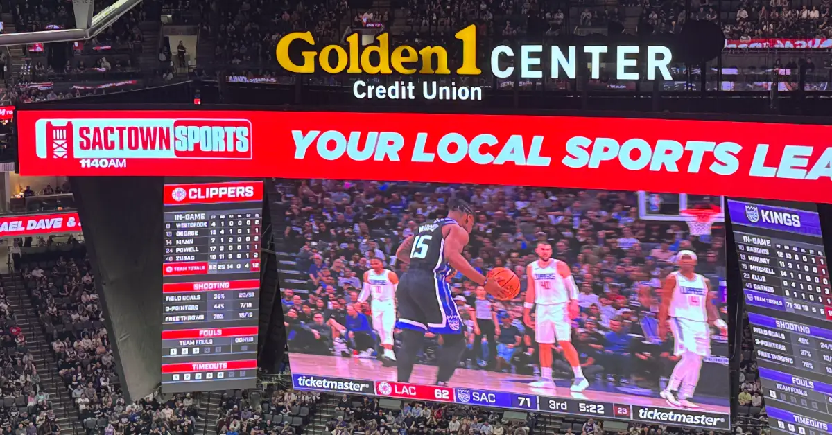 BLANK Sactown Sports 3 WEBP TD A digital billboard inside the Golden 1 Center promoting KHTK "Sactown Sports" as the home of Sacramento Kings basketball. (Photo by Matthew Keys for The Desk)