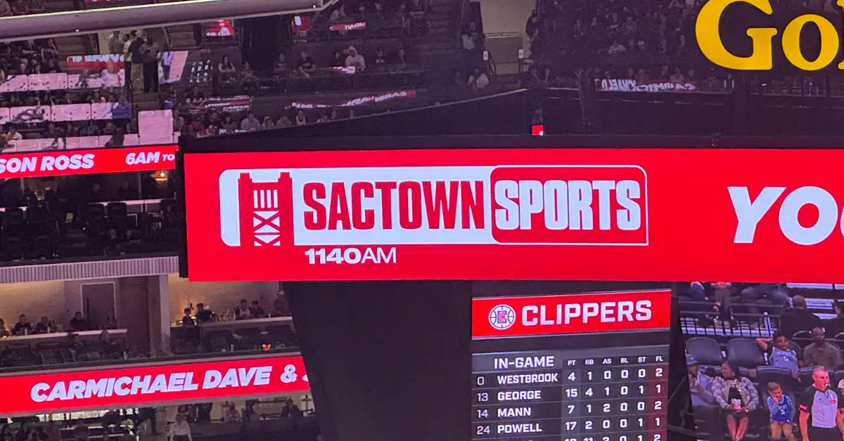A digital billboard inside the Golden 1 Center promoting KHTK "Sactown Sports" as the home of Sacramento Kings basketball. (Photo by Matthew Keys for The Desk)