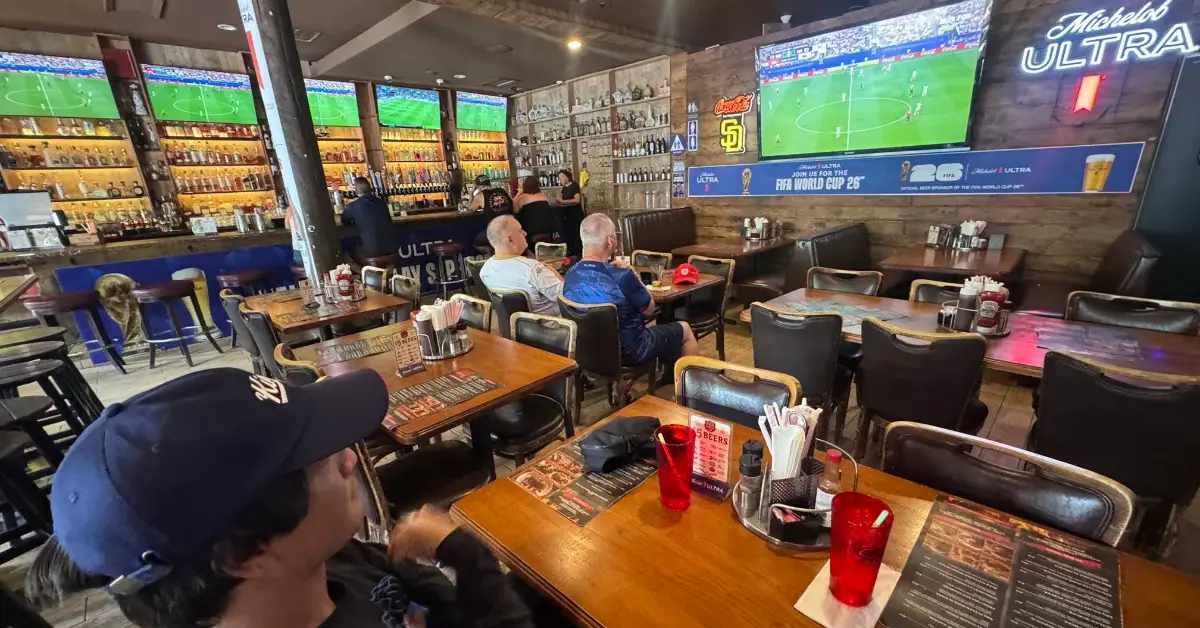 BLANK Soccer Fans World Cup Sports Bar San Diego WEBP TD Soccer fans watch a match during the FIFA World Cup tournament at Gaslamp BBQ in San Diego on July 11, 2026. (Photo by Matthew Keys for The Desk)