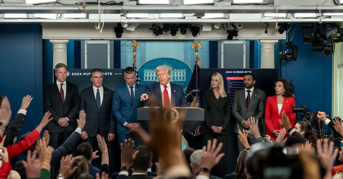 President Donald Trump holds a press conference on crime in the District of Columbia, Monday, August 11, 2025, in the James S. Brady Press Briefing Room. (Official White House Photo by Abe McNatt)
