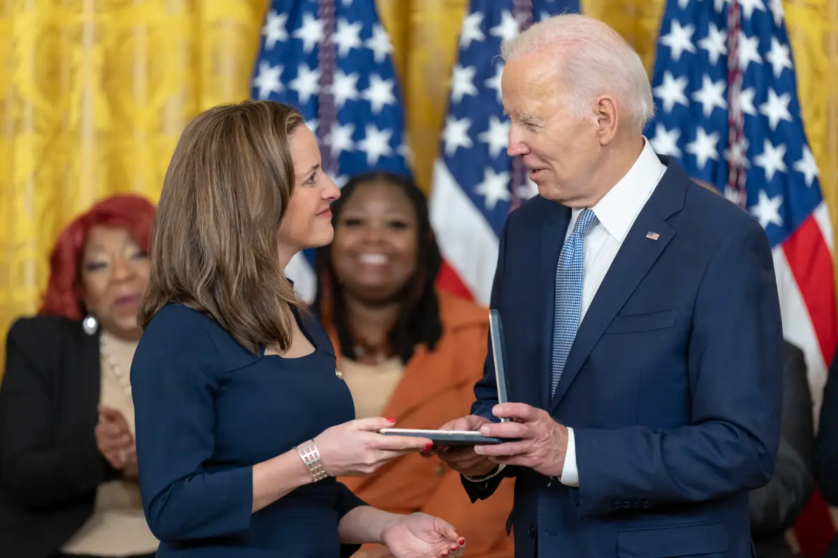 STORY ONLY Jocelyn Benson Michigan Joseph Biden WHP WEBP TD resident Joe Biden presents the Presidential Citizens Medal to Michigan Secretary of State Jocelyn Benson during a ceremony in 2023. Benson is running for governor in Michigan. (Photo by Adam Schultz, White House/Public domain)
