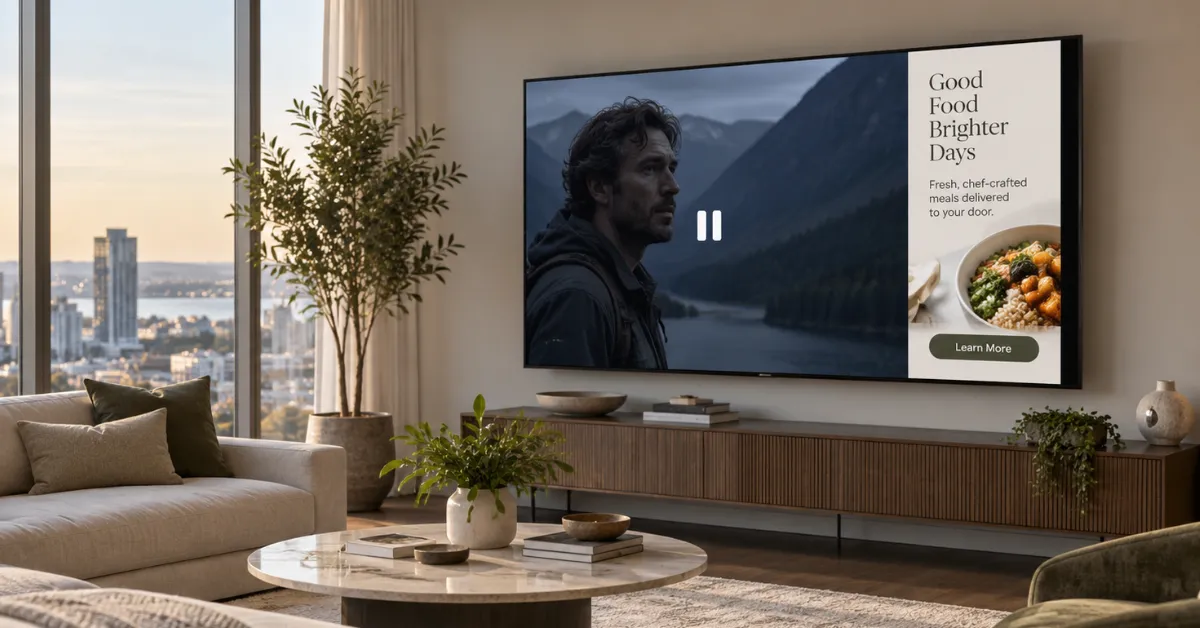BLANK Advertising 2 Smart TV Pause Ad WEBP TD Pause ads help streaming video platforms earn incremental revenue based on viewer interactions. (Stock photo by The Desk)