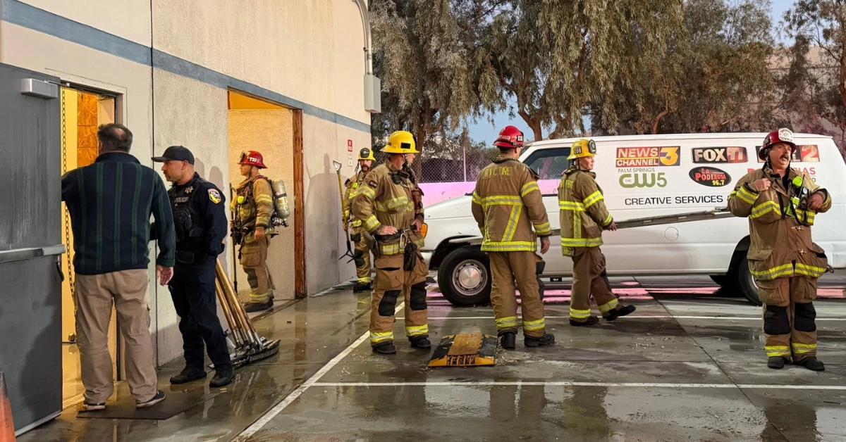 Firefighters respond to local TV station KESQ after an early morning blaze broke out on Thursday. (Photo courtesy KESQ via Instagram)