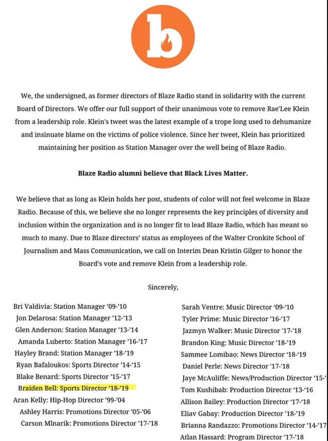 STORY ONLY Braiden Bell Blaze Radio PNG TD Braiden Bell signature on Blaze Radio letter about Rae'Lee Klein firing.
