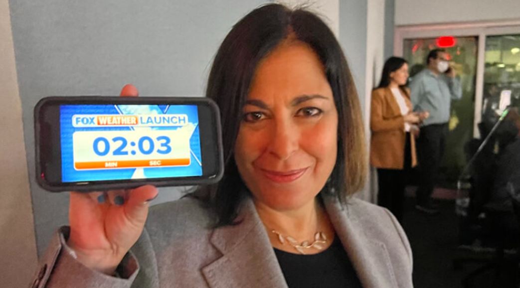 STORY ONLY Sharri Berg Fox Weather Launch WEBP TD Sharri Berg counts down the seconds to the launch of Fox Weather. (Courtesy photo)